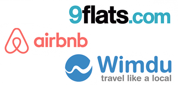 Logotipos de algunas webs que se dedican a la intermediación de alquilesres de vivienda con fines turísticos: 9flats, Airbnb, Wimdu...